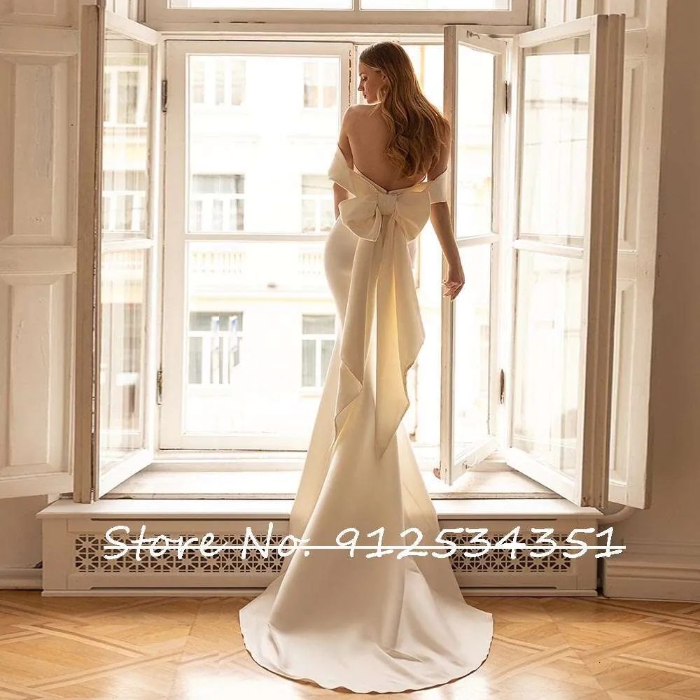Robes De Mariage Satin Mermaid Wedding Dress Off the Shoulder Simple Trouwjurk Detachable Bow Vestidos Novia Bridal Gowns