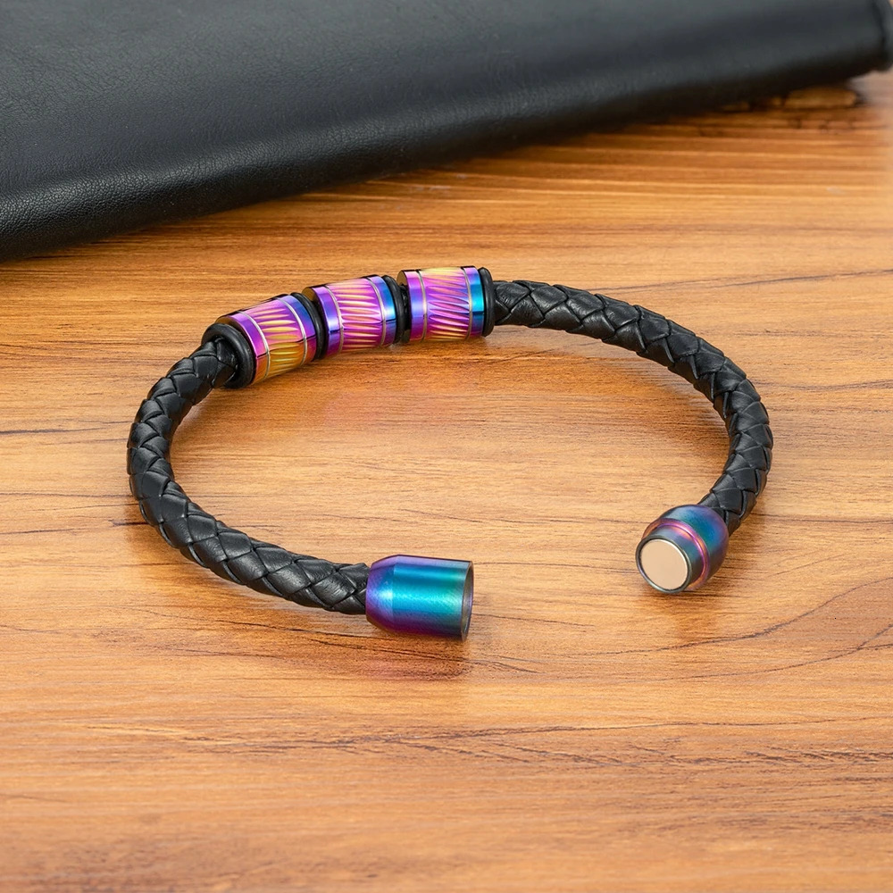 TYO Hiphop Rock Shiny Cool 4 Colors Stainless Steel Button Weave Genuine Leather Men Bracelets Bead Retro Bangle Accessory Gift 250811