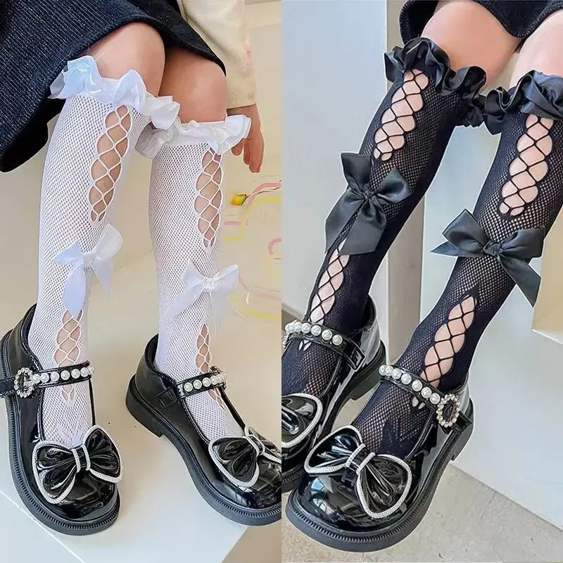 Childrens Road Lolita Calf Socks Girl Baby Cute Bow Fishing Net Hollowed Out Stockings Japanese JK Sweet Lace Ear Edge Hosiery 250812