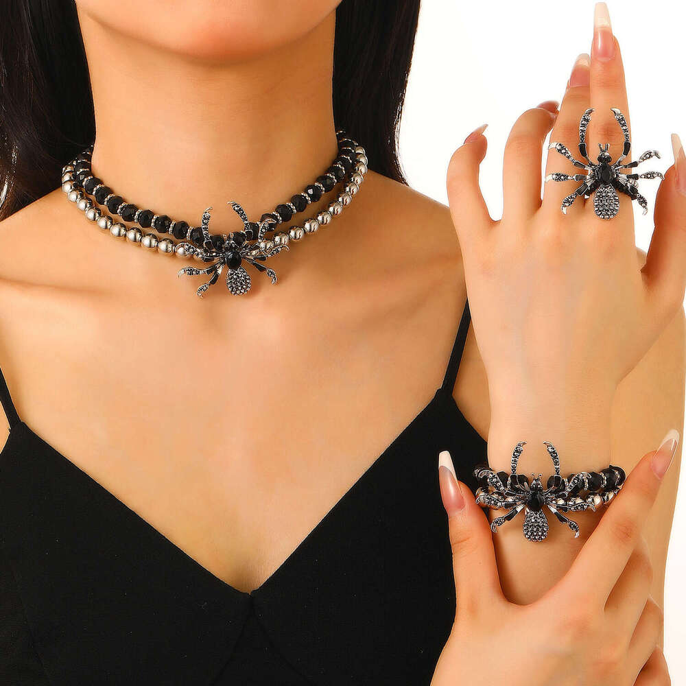 Gothic Dark Punk Exaggerated Halloween Rhinestone Spider Necklace Bracelet Ring Set for Women and Men
