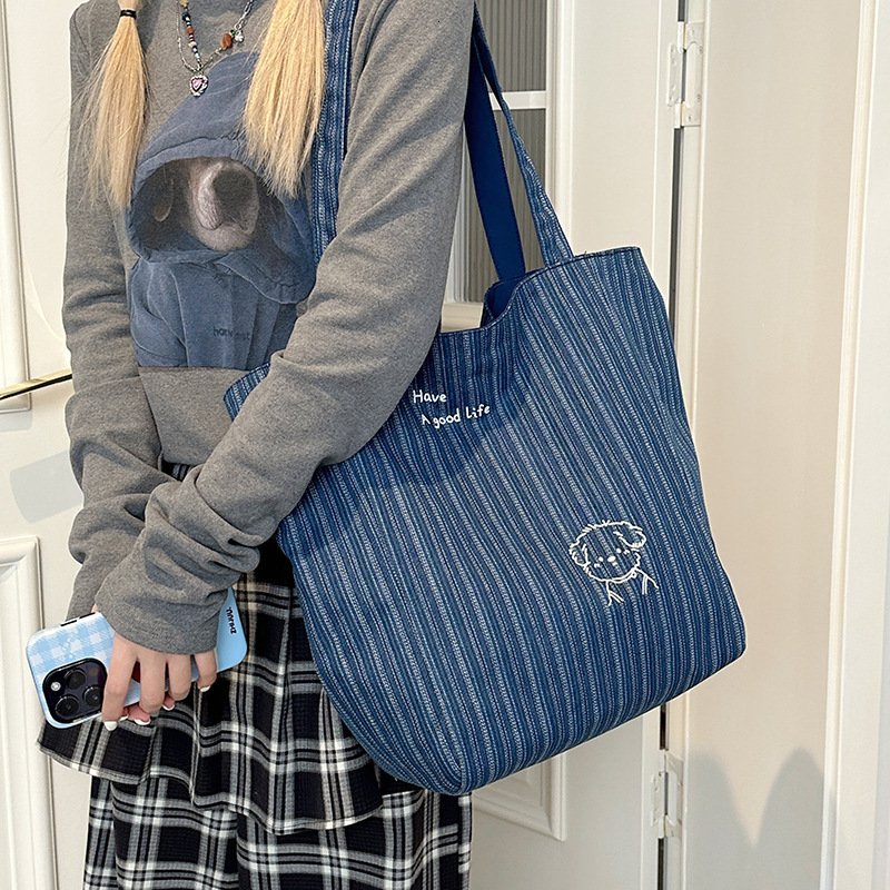 New Denim Two-Sided Embroidered Canvas Korean Ins Style Tote Casual Shoulder Large Capacity Bag