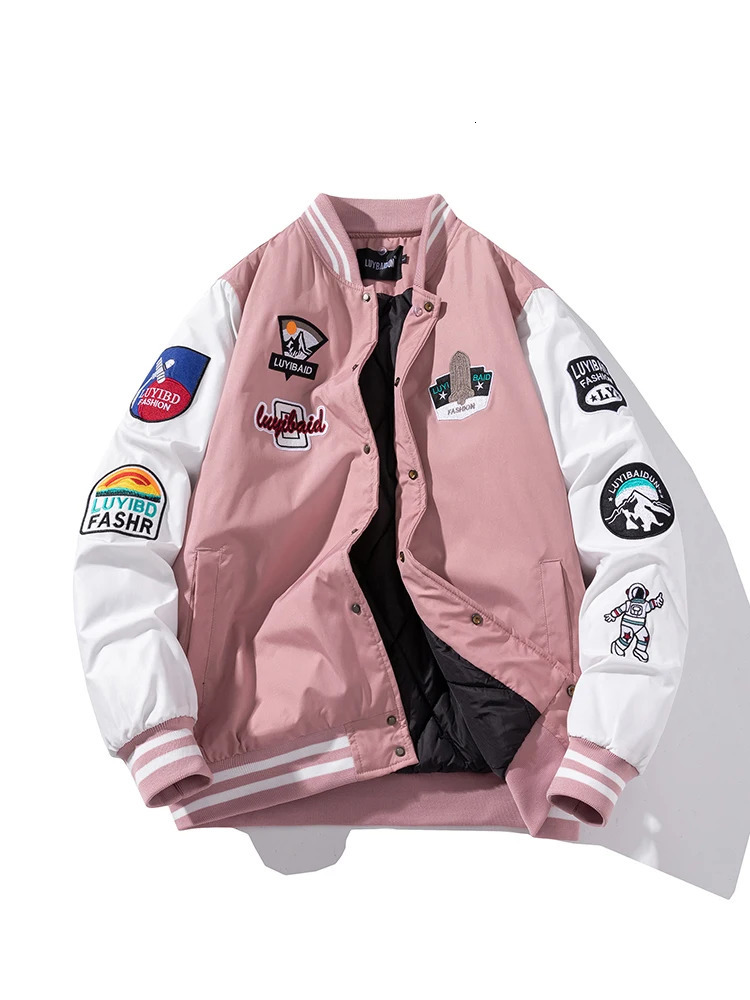 Autumn Winter Varsity Jacket Men Fashion Baseball Jacket Women Embroidery Letter American Coat College Streetwear Button Pink 250811