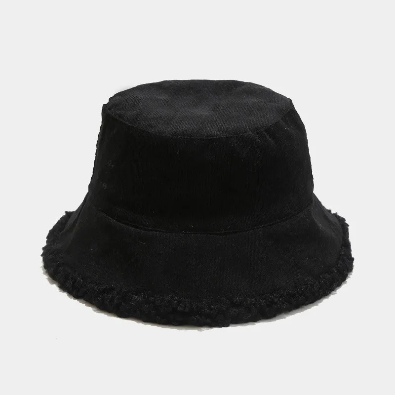 Reversible Faux Fur Bucket Hat Women Winter Lamb Wool Fleece Cap Corduroy Fisherman Hats Sunscreen Panama Caps 250808