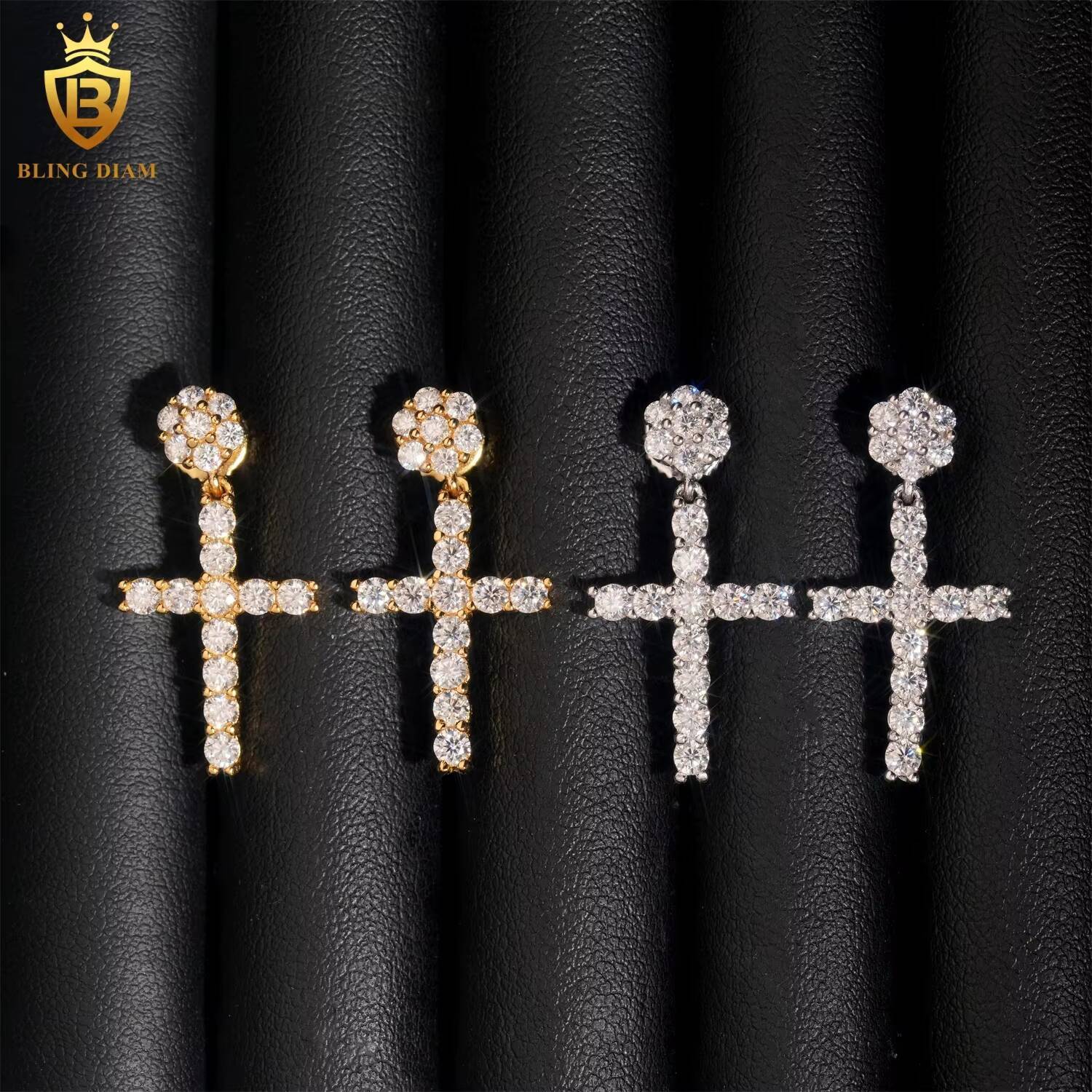 Pass Diamond Tester Hip Hop Gold Plated VVS Moissanite 925 Sterling Silver Cross Earrings