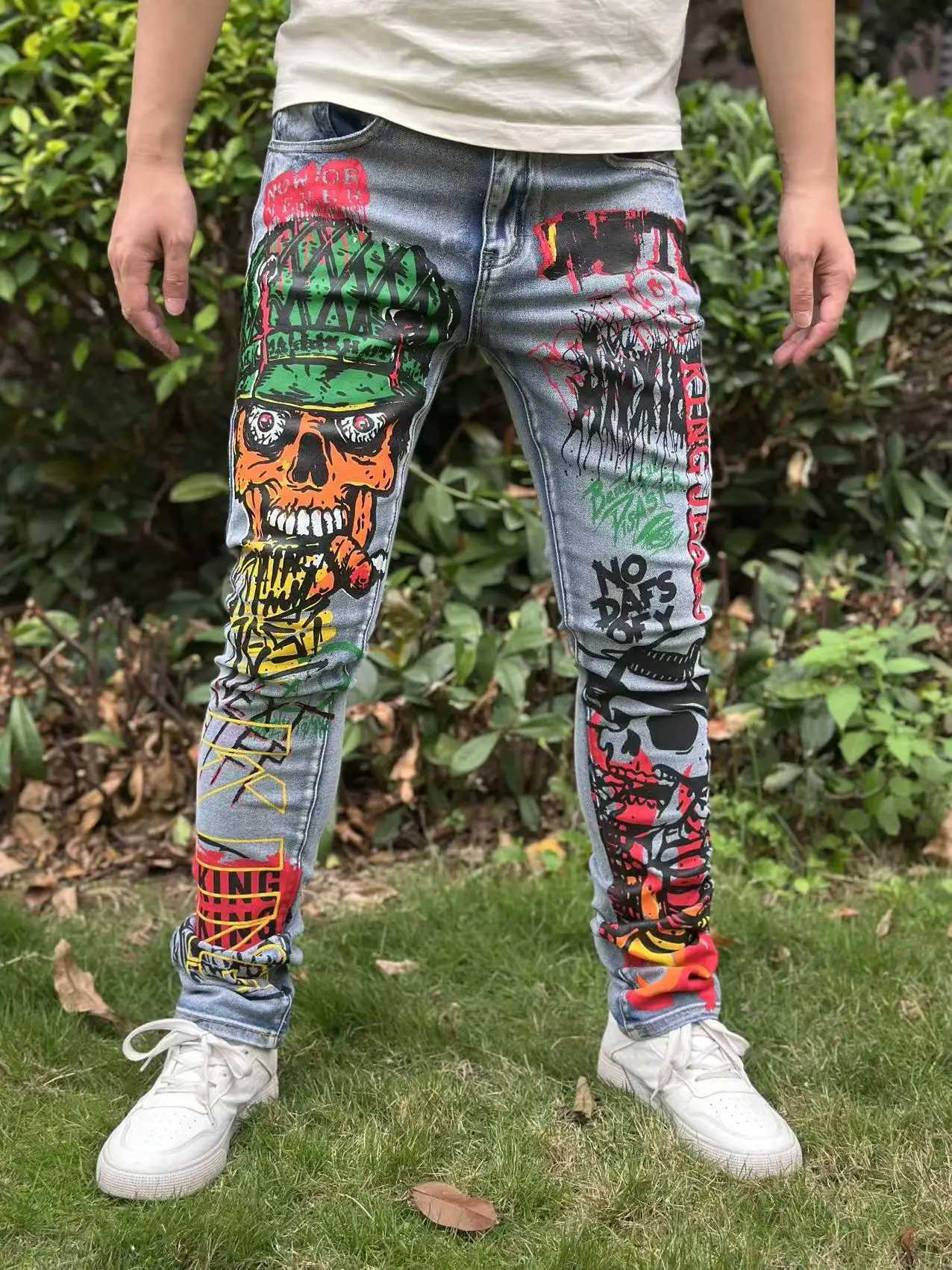 Street casual wear mens jeans fashionable prints classic style trousers with a waist-cinching design. Light Blue Version X250812