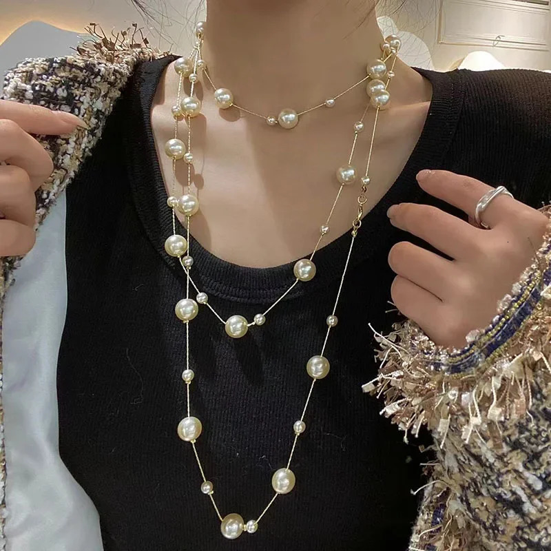 Long Pearl Necklace Multi-layer Sweater Chain Trendy Temperament Niche Clavicle Chain Delicate Gentle Women Jewelry 250807