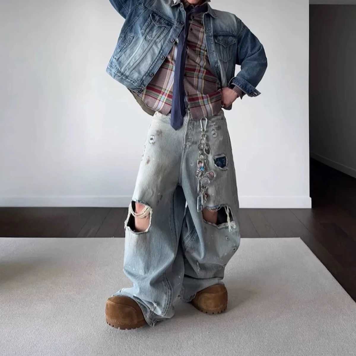 Distressed Hole Ripped Mud Dyed Silhouette Baggy Jeans for Men Wide Leg Harajuku Loose Denim Trousers Oversized Casual Cargos X250812