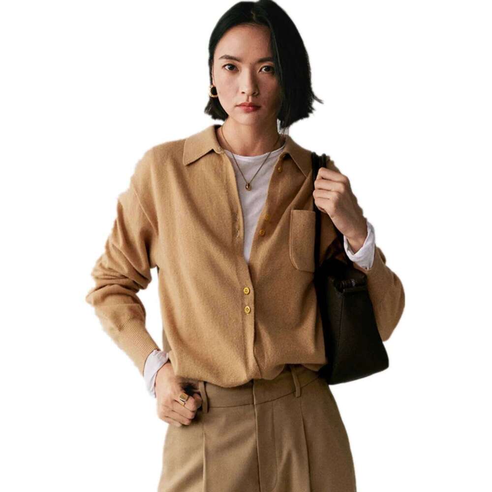 Europe Station Loose Mid-Length POLO Collar 100% Cashmere Knit Cardigan Women's Spring And Autumn Large Size Lapel Sweater 20250811