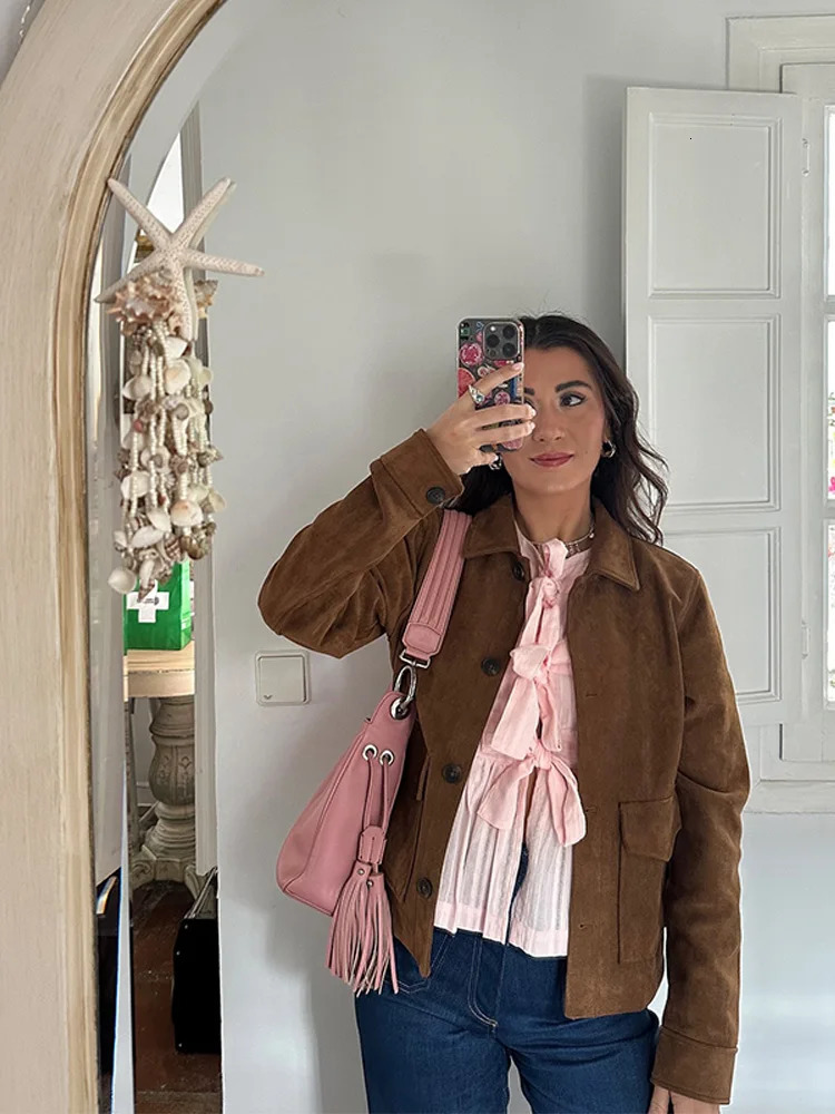 Vintage Brown Suede Jacket for Women Single Breasted Turn-down Collar Blazer with Pocket Casual Office Outerwear Autumn 2025 250811