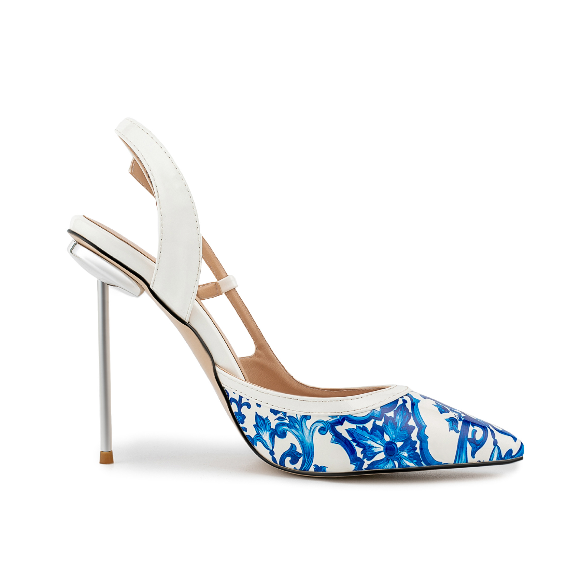 Blue Porcelain Stiletto Sandals - Chinese Floral Pointed Toe Ankle Strap Heels (White/Black)
