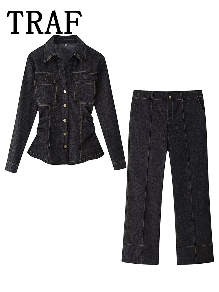 TRAF Womens Denim 2 Pieces Outfit Office Shirt Pants Set Long Sleeve Single-Breasted Coat Long Pants Casual Women Sets 250806