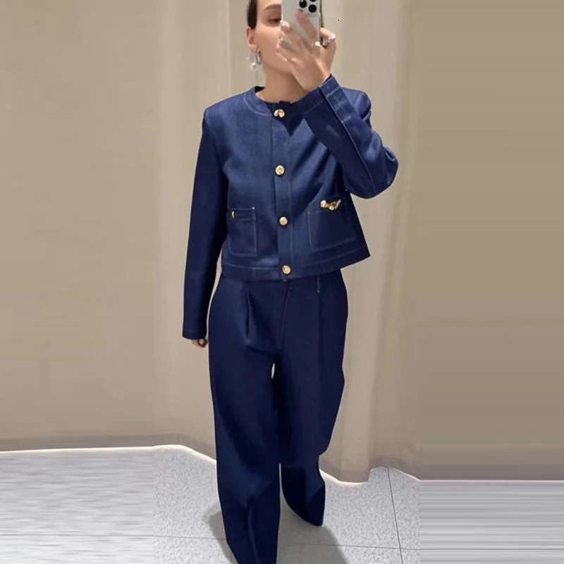 TRAF Denim Pant Sets Womens Suit Elegant Crop Button Top And Bottom Set Women High Waist Trousers Sets Casual Vacation Outfits 250806