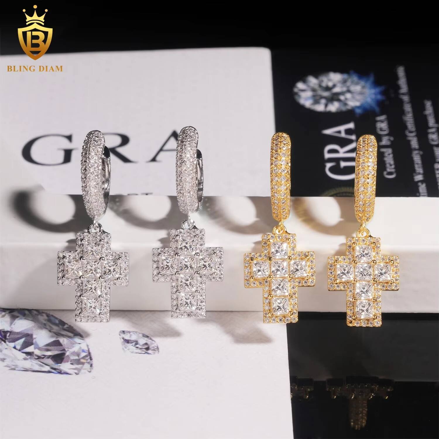 Fine Jewelry Luxury 925 Sterling Silver VVS Moissanite Hip Hop Custom Cross Earrings