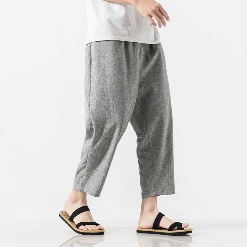 2025 Summer Cotton Linen Pants for Men Japanese Breathable Loose Casual Pants Thin Elastic Waist Cropped Pants W250812