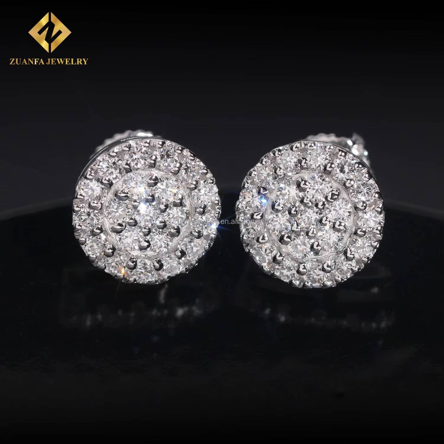 Luxury Hip Hop Style Trendy Iced Out 925 Sterling Silver Lab Grown HPHT Diamond Gold Plated Round Stud Earrings Screw Back Man