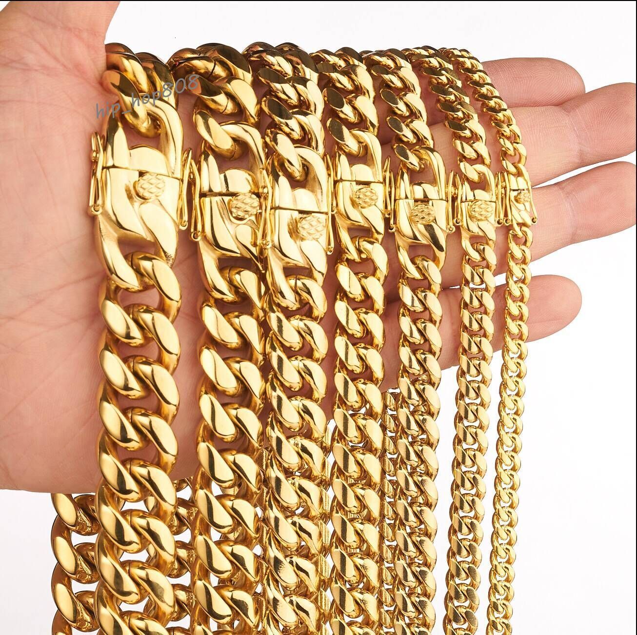 Hot Selle Fashion Jewelry Hip Hop Stainless Steel Jewelry Cuban Curb Link Miami Chain 18k Gold Plated Bracelet Necklace for Men