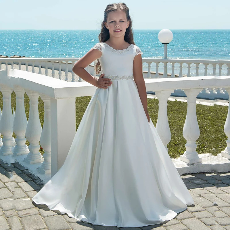 White Satin A-Line Floor-Length Short Sleeve Girls Pageant Dresses First Communion Dresses For Girls Flower Girl Dresses 250811