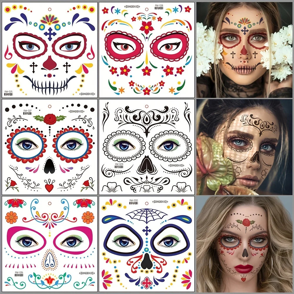 Halloween Temporary Tattoos Sticker Day Of The Dead La Catrina Face Skull Waterproof Party Makeup Decals 250809