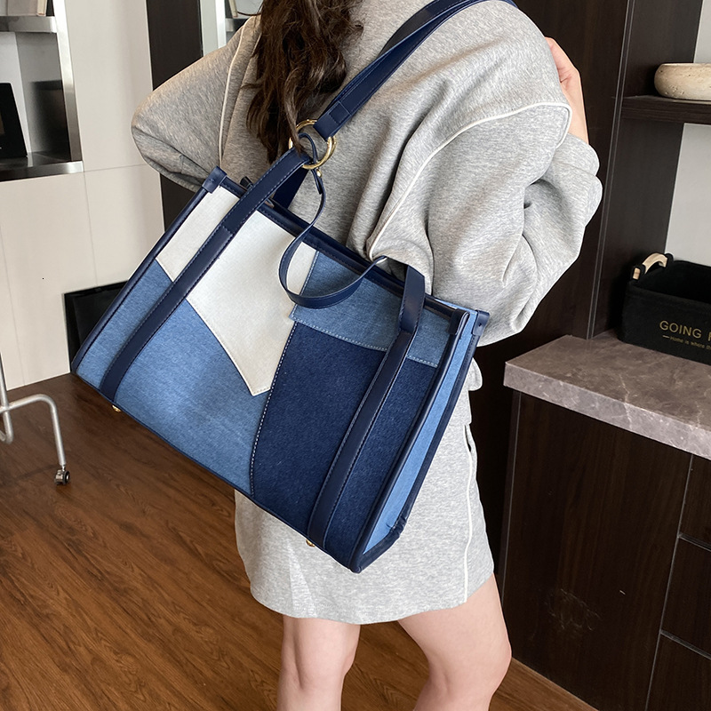 Denim for Women New Fashion Color Block Patchwork Single Shoulder Crossbody Commuter Casual Tote Bag