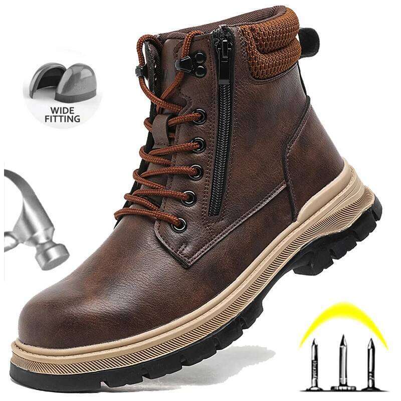 Men Puncture-Proof Waterproof Work Steel Toe Safety Industrial Indestructible Boots Side Zipper Shoes