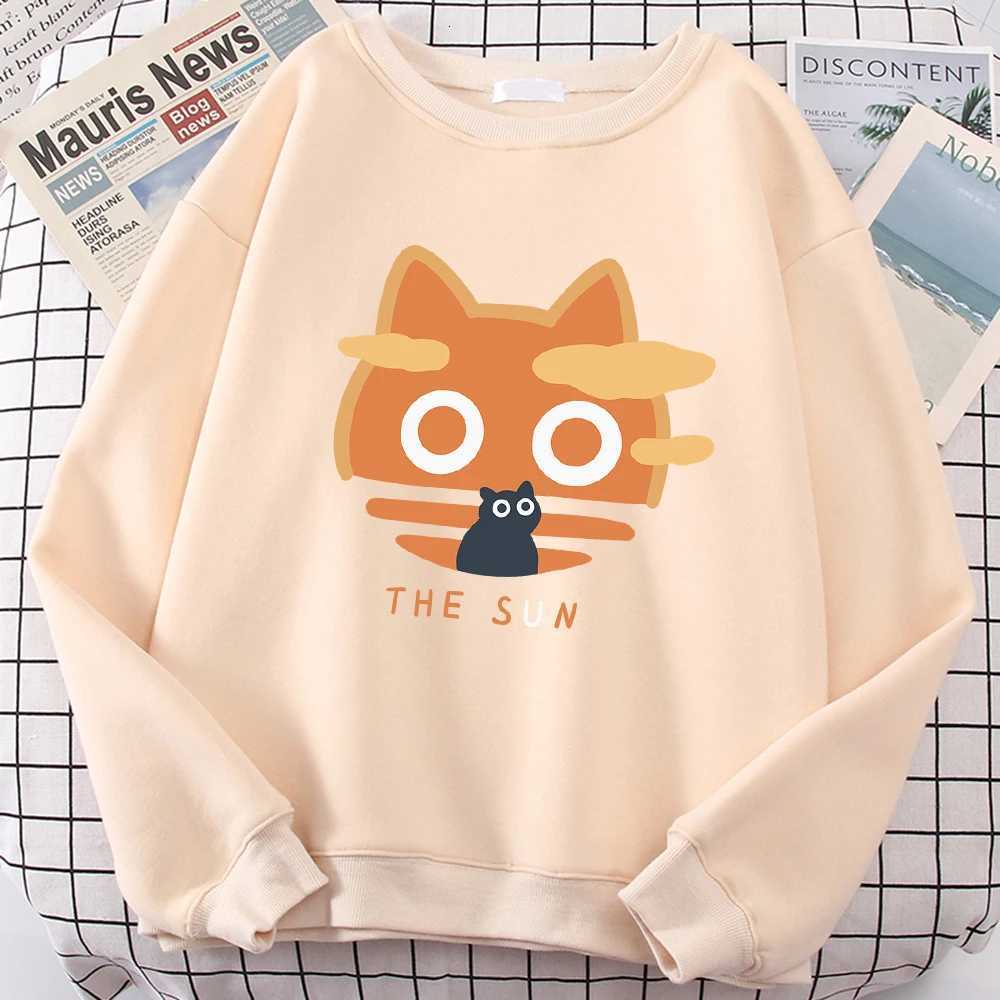 The Sun Orange Cat Fun Cute Print Cartoons Hoody Men Loose Clothing Autumn Winter Fleece Hoodies Loose Comfortable Sweatshirt Y250811