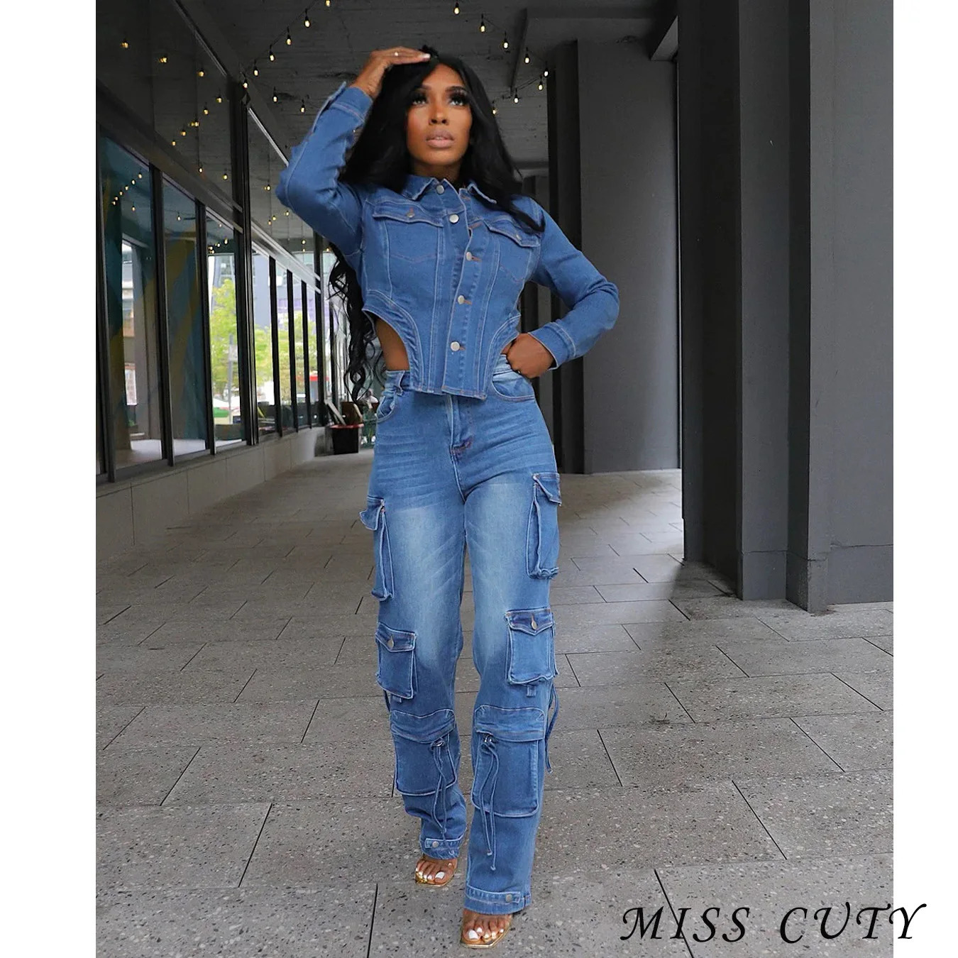 Sexy Denim Jackets Jean 2 Piece Pant Set Outfits Joggers Women Tracksuits Elegant Cropped Denim Jean Coats Two Piece Pant Sets 250808