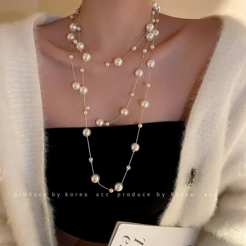 Long Pearl Necklace Multi-layer Sweater Chain Trendy Temperament Niche Clavicle Chain Delicate Gentle Women Jewelry 250807