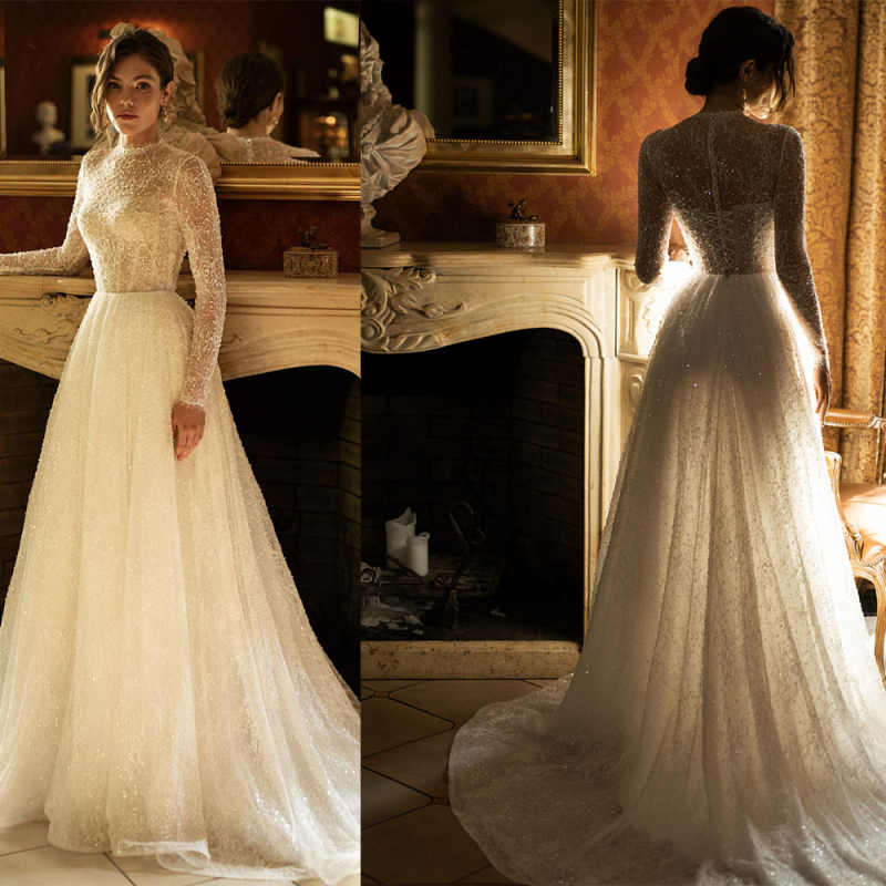Elegant A Line Wedding Dresses High Coller Full Pearl Backless Party Gowns Vestido De Noiva Court Train Customized
