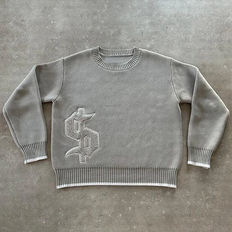 Aesthetics Letters Jacquard O-Neck Long Sleeved Knitwear Autumn Winter Lovers Flocking Loose Warm Oversized Sweater 250805