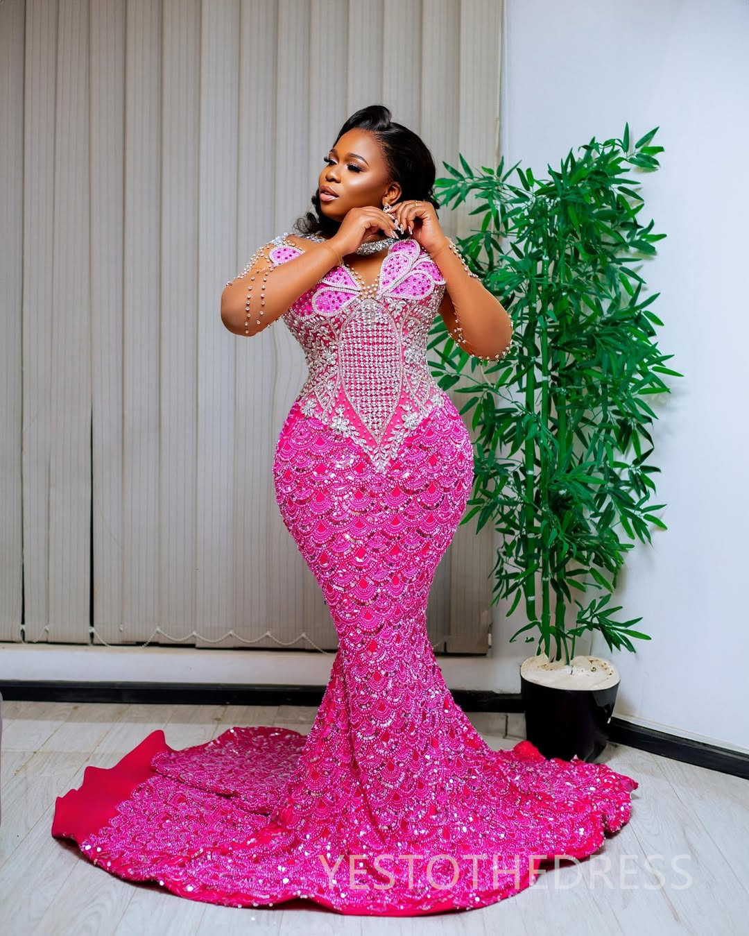 Plus Size Fuchsia Aso Ebi Prom Dress 2025 Evening Dresses For Special Occasions Sheer Neck Long Sleeves Beaded Lace Flora Birthday Dress Second Recept