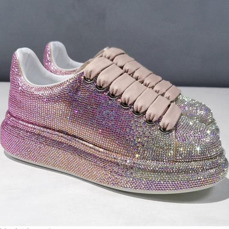 Autumn Leather Luxury Women Shoes New Style Fashion Pink Platform Shoes Ins Platforms Sneakers Tide Shine Bling Rhinestone Shoes Designer Casual Flat 