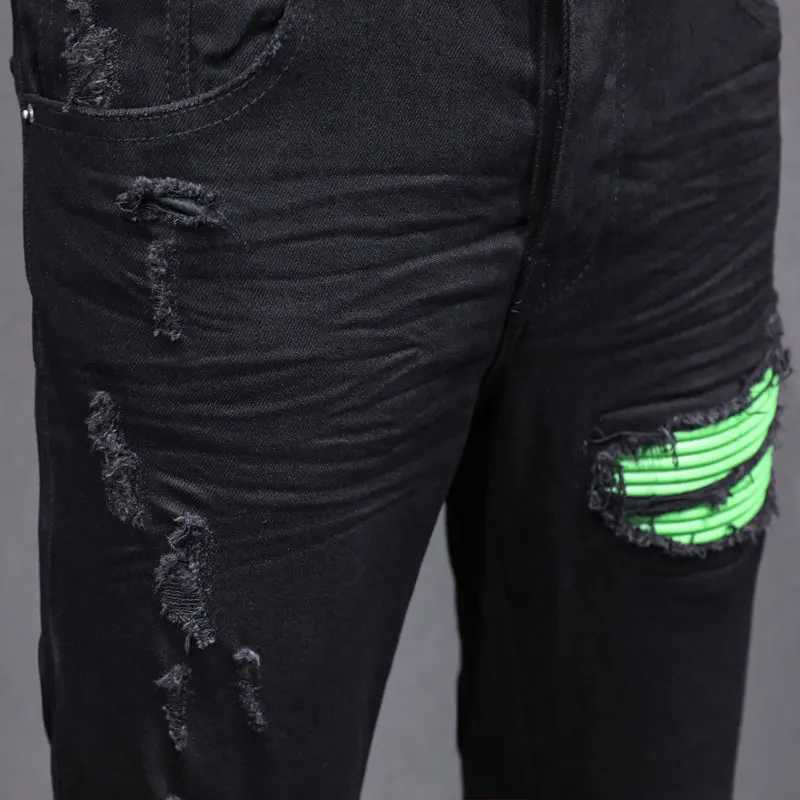 Fashionable new mens black jeans washed nostalgic stretchy slim fit green patch jeans high street designer hip-hop brand X250812