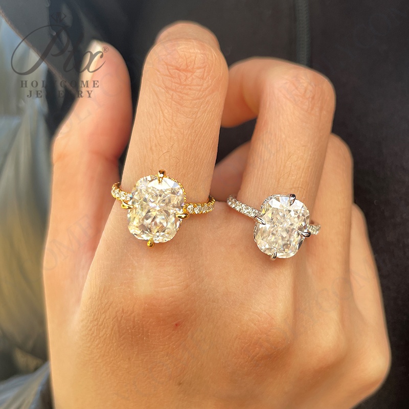 New 1/2/3/4/5CT Elongated Cushion Full Moissanite Engagement Rings for Women Solitaire Hidden Halo Diamond S925 Silver Wedding Band With GRA