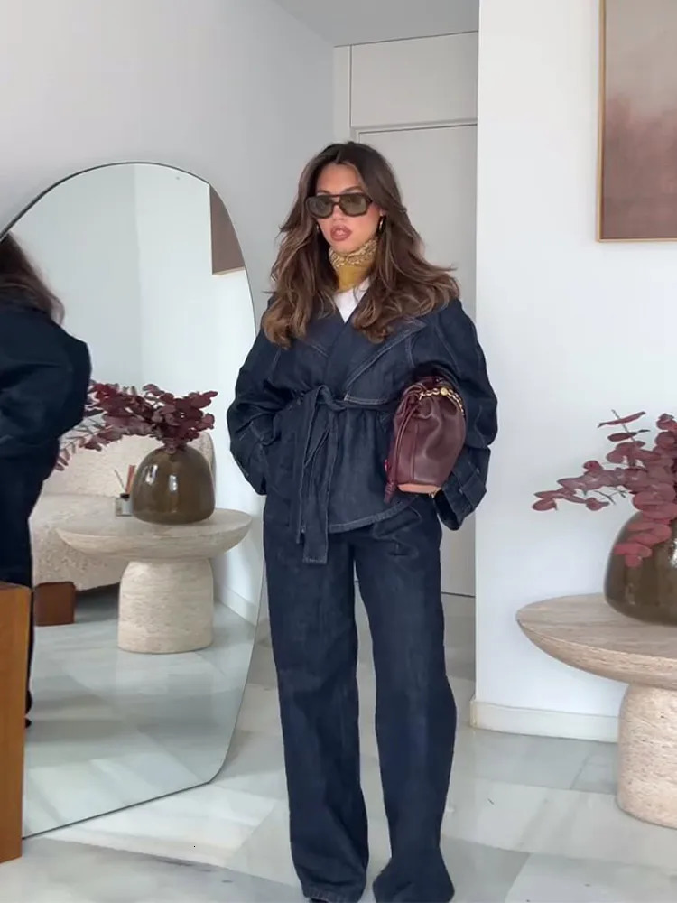 Spring Denim Two Piece Set Vintage Lace Up Turn-down Collar Full Sleeve Jacket High Waist Long Trousers Retro Lady Suit 250806