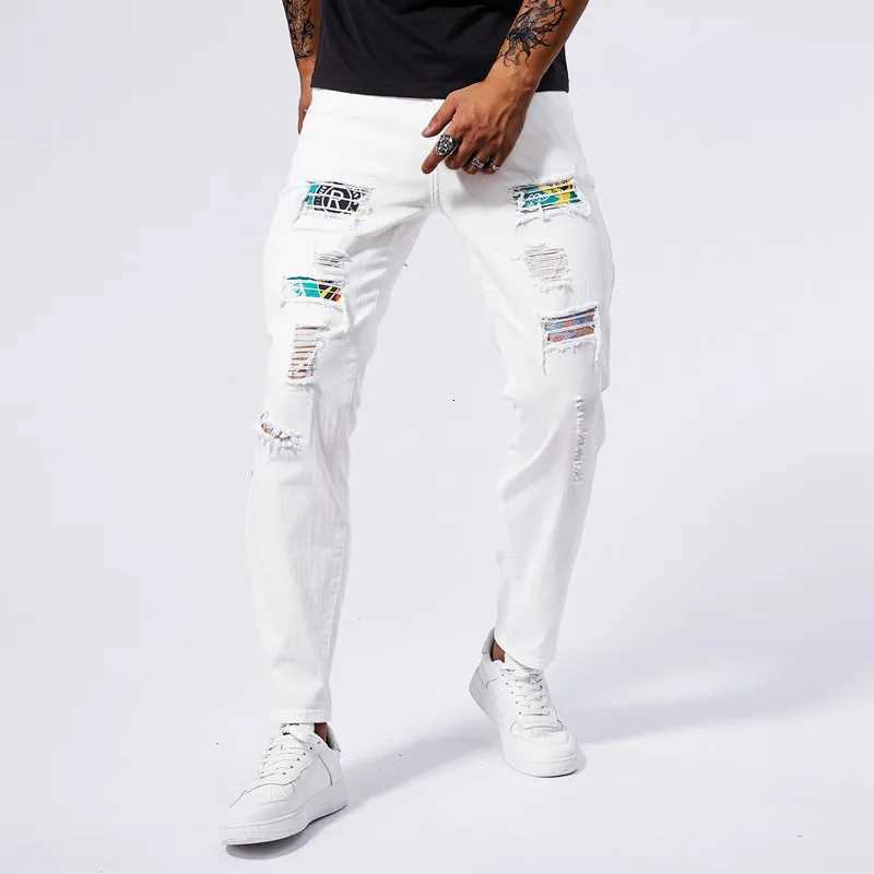 White ripped jeans for men 2024 new summer slim fit jeans for men straight leg casual pants for men stretch denim ripped pants X250812