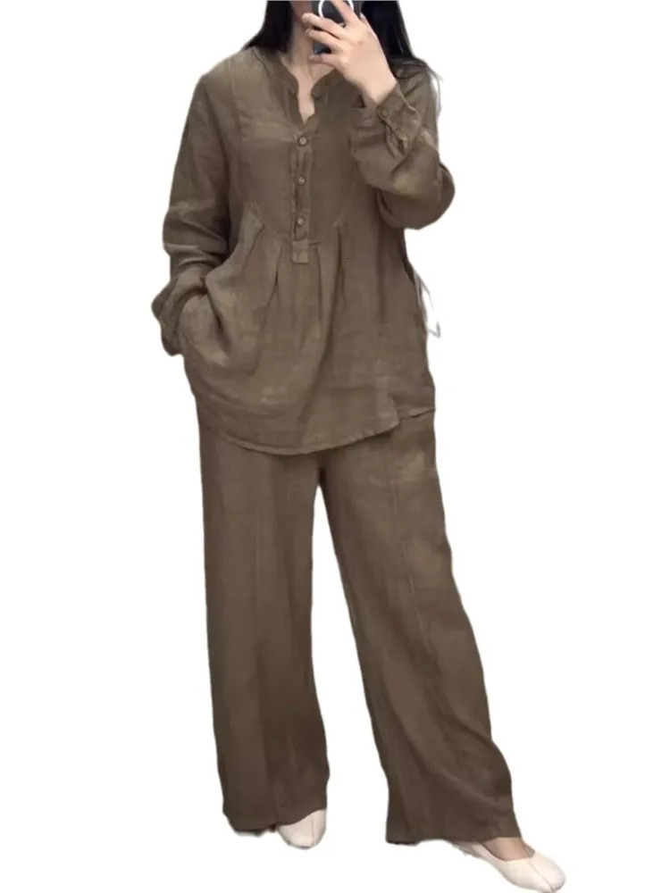 Womens 2 Piece Set Fashion Office Lady Cotton Linen Long-sleeve Casual Loose Wide-leg Pants Suit Spring Autumn Women Sets 250811