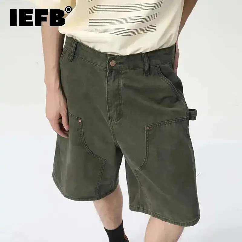 IEFB Mens Wear Knee Length Denim Shorts Summer Multi Pocket Loose Jeans Solid Color Japanese Style Male Overalls 9C6027 250805