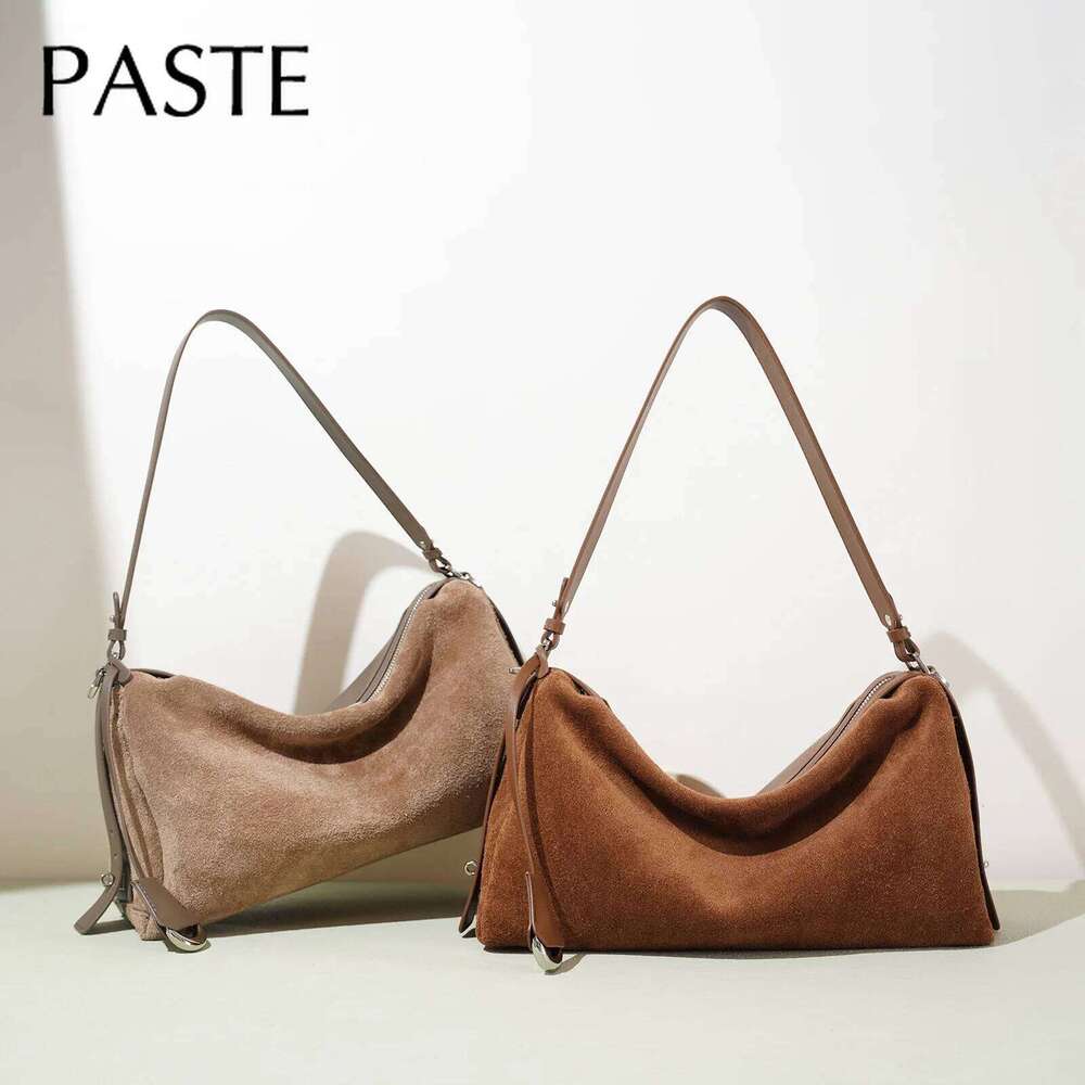 2026 Winter Fashion Stylish Coffee Color Hobo Tote Glossy Cowhide Patchwork Matte Suede Leather Women Handbag Commuter Purse