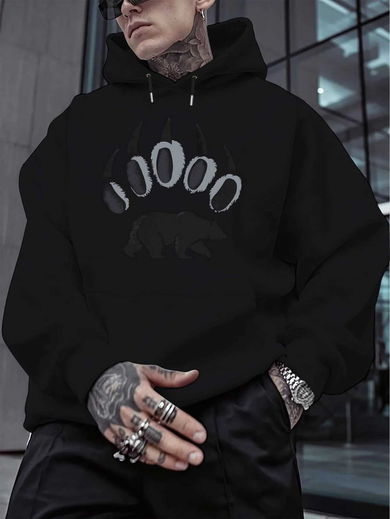 Mens Casual Hooded Sweatshirt with Bear Claw Print | Long Sleeve Regular Fit | Versatile Loose Hoodie for All Seasons Y250811