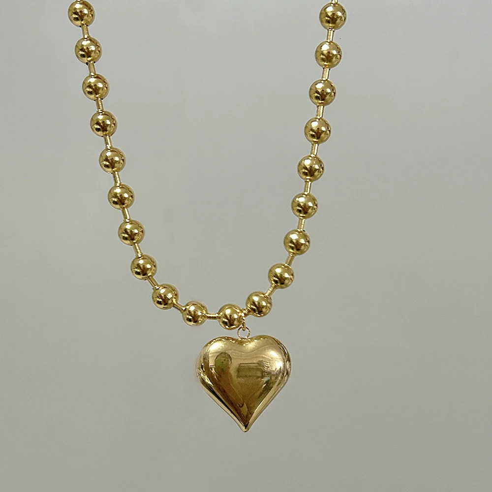 Gothic Gold Heart Pendant Necklace for Women Stainless Steel Beaded Choker Steampunk Jewelry 250807