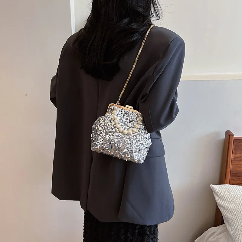 Vintage Rose red Silver Purple Sequin Evening Bags Pearl Chain Handbag For Women Wedding Party Chain Shoulder Bags Small Clutch 250809