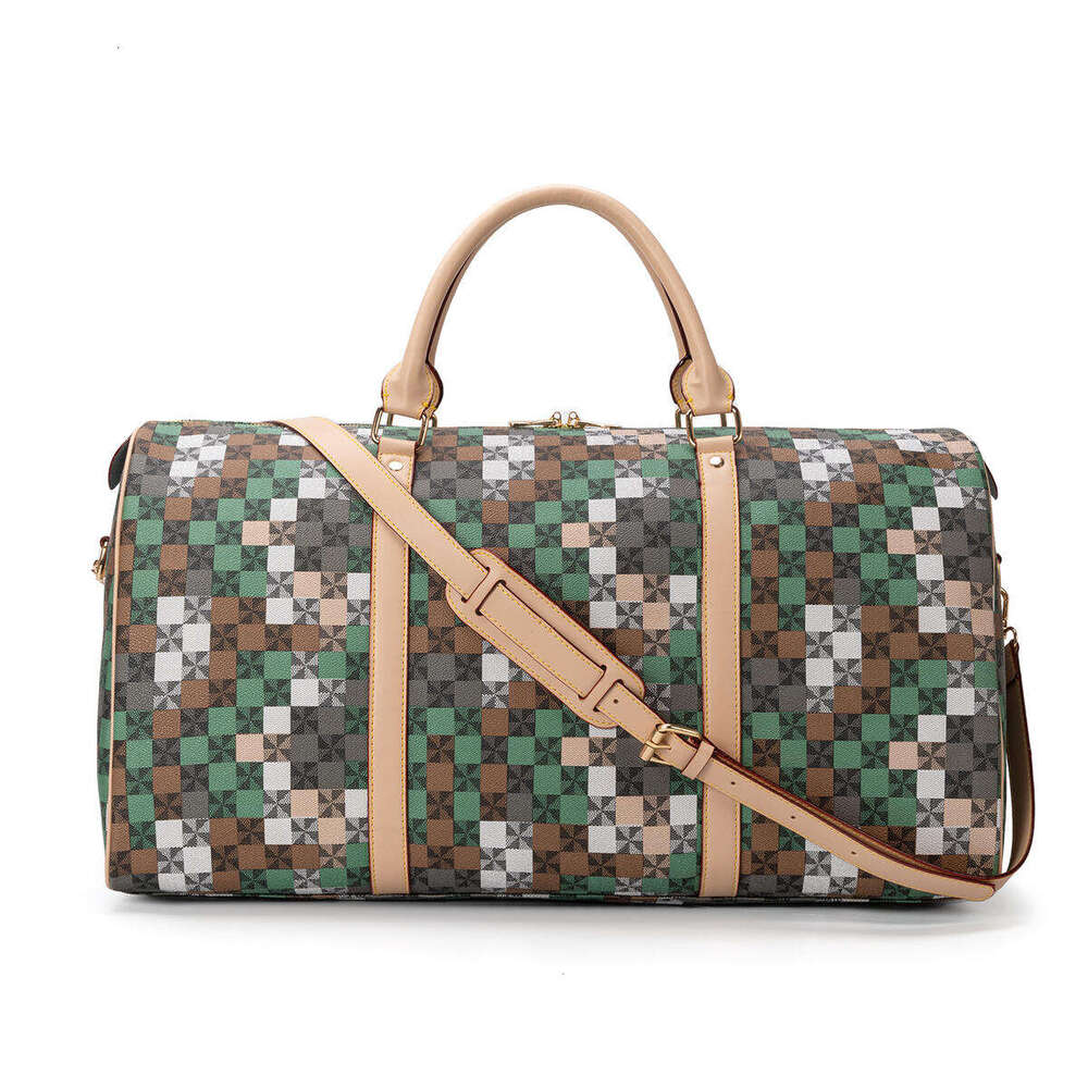 Lacel Urwebin Vintage Checkered Plaid Duffle Bag for Women, Green Brown PU Leather, Large Capacity Weekend Travel Bag with Adjustable Shoulder Strap