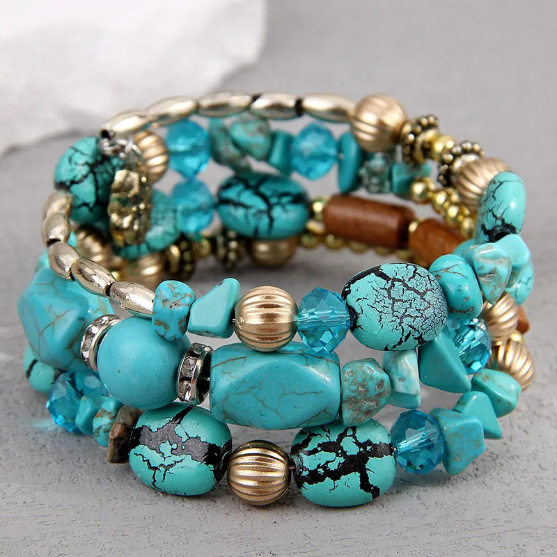 Fashion Bohemia Style Ethnic Turquoise Color Multilayer Bangles For Women BIjoux Vintage Handmade Beaded Bracelet Jewelry Gift 250811