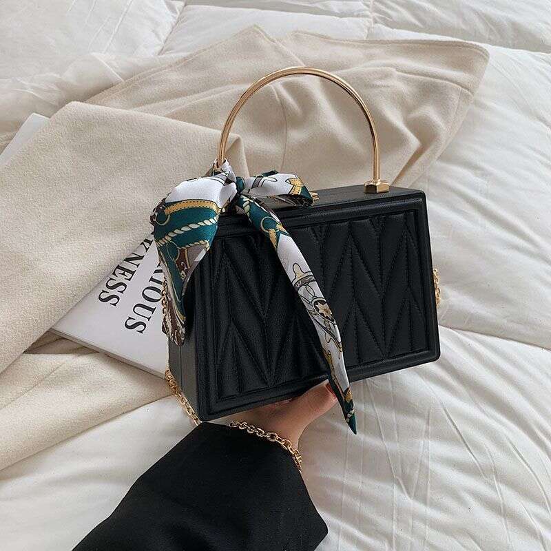 2025 Korean Square Box Bag - Scarf-Detailed Shoulder Purse For Women, Pleated Crossbody With Chain Strap, Elegant Handheld Clutch