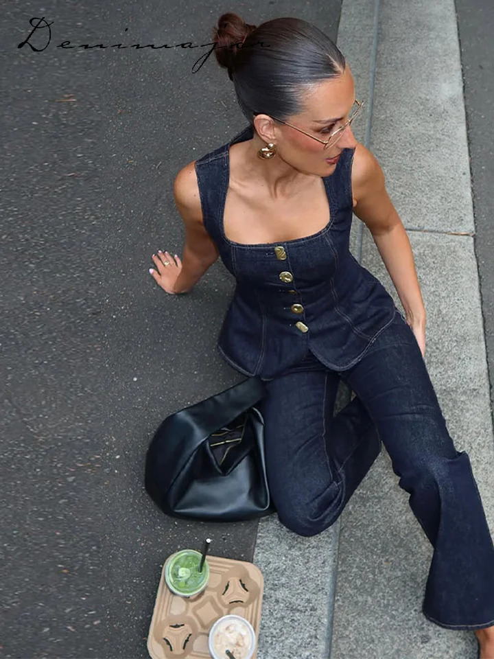 Street Denim Pants Set Women Sleeveless Single Breasted Slim Square Collar Tank High Waist Straight Jeans Summer Lady Suit 250806