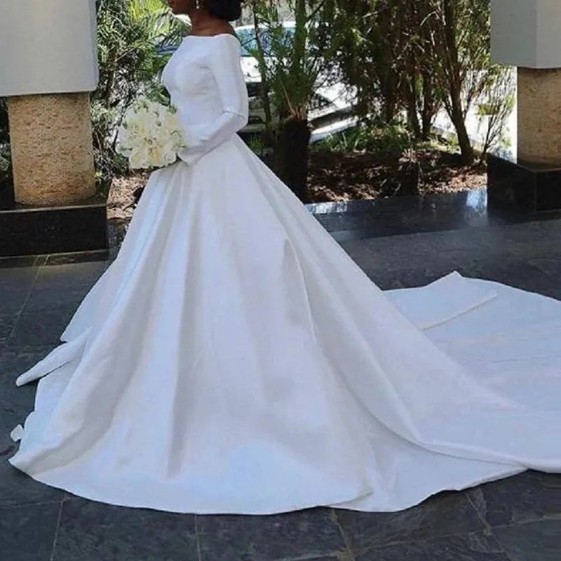 Plus Size Satin Wedding Dresses New Arrival Modern Bridal Beach Boho Gown Sweep Train A-Line Wedding Ball Gowns Vestido De Novia