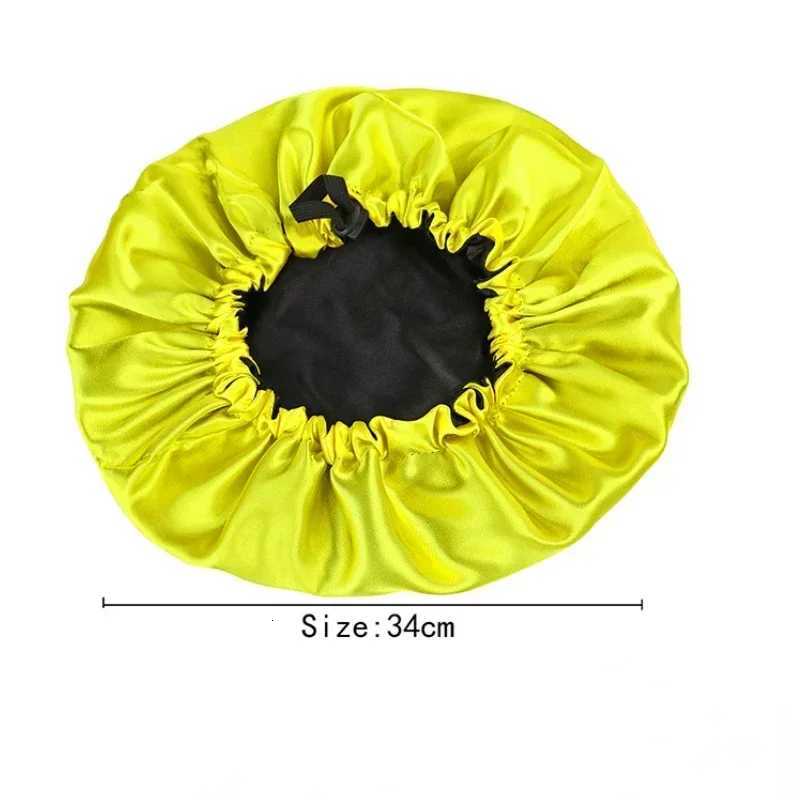 Adjustable Double Layer Satin Bonnet Nightcap Double-Sided Women Round Shower Caps Night Sleep Polyester Hat Solid Black Lining XJ250812