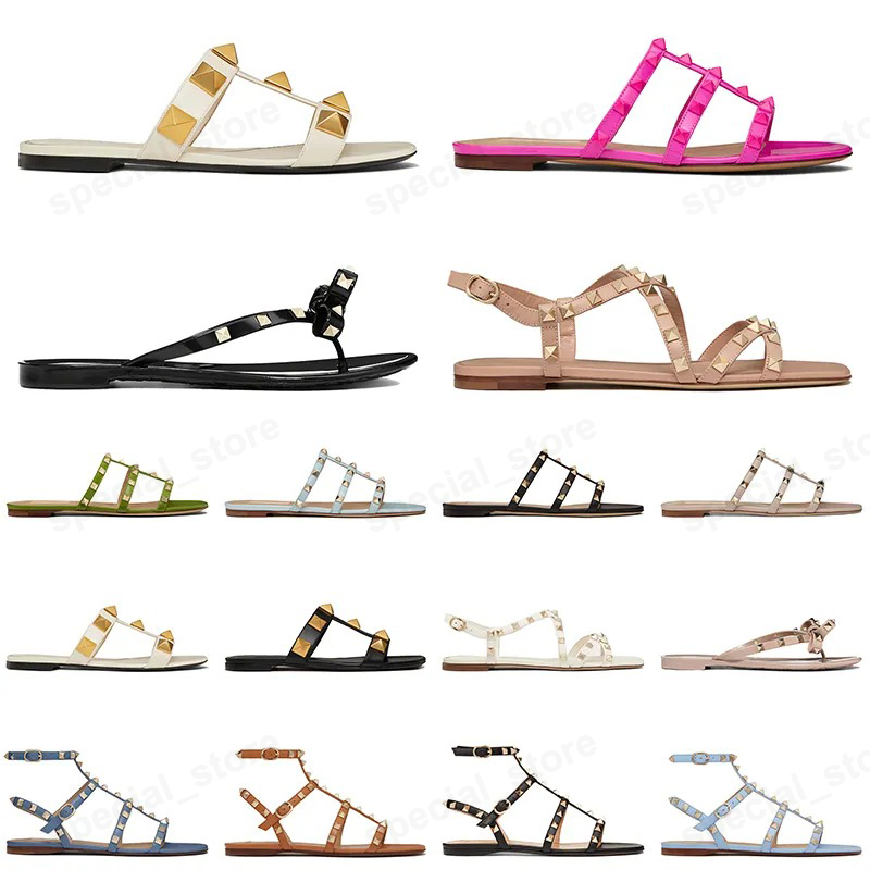 Designer women luxury sandals dress shoes famous stud summer flat heels leather rivet black pointed peep-toes lady sexy party womens party wedding platform