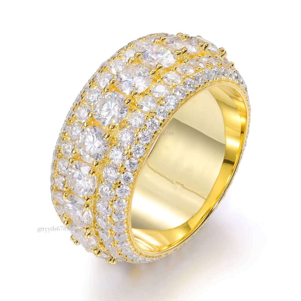 Hip-Hop 8mm Full Diamond 5 Rows Shiny Moissanite Wedding Engagement Ring Rapper Men and Women Jewelry