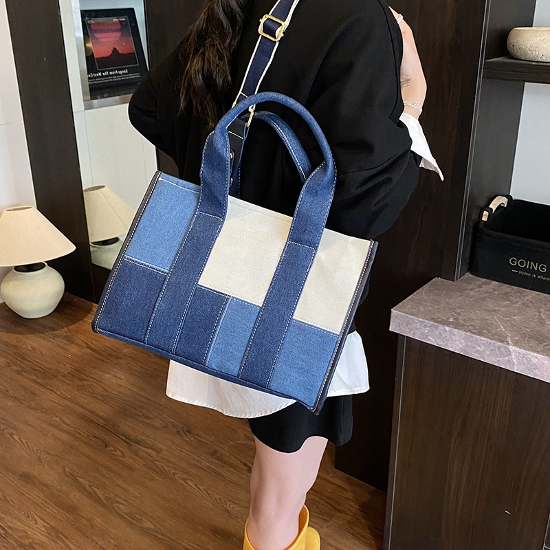 Denim for Women New Fashion Patchwork High-End Feel Single Shoulder Crossbody Commuter Large Capacity Tote Bag